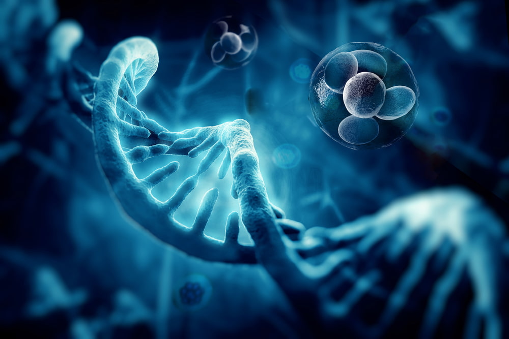 Imagem ilustrativa de DNA e células (tudo em azul).