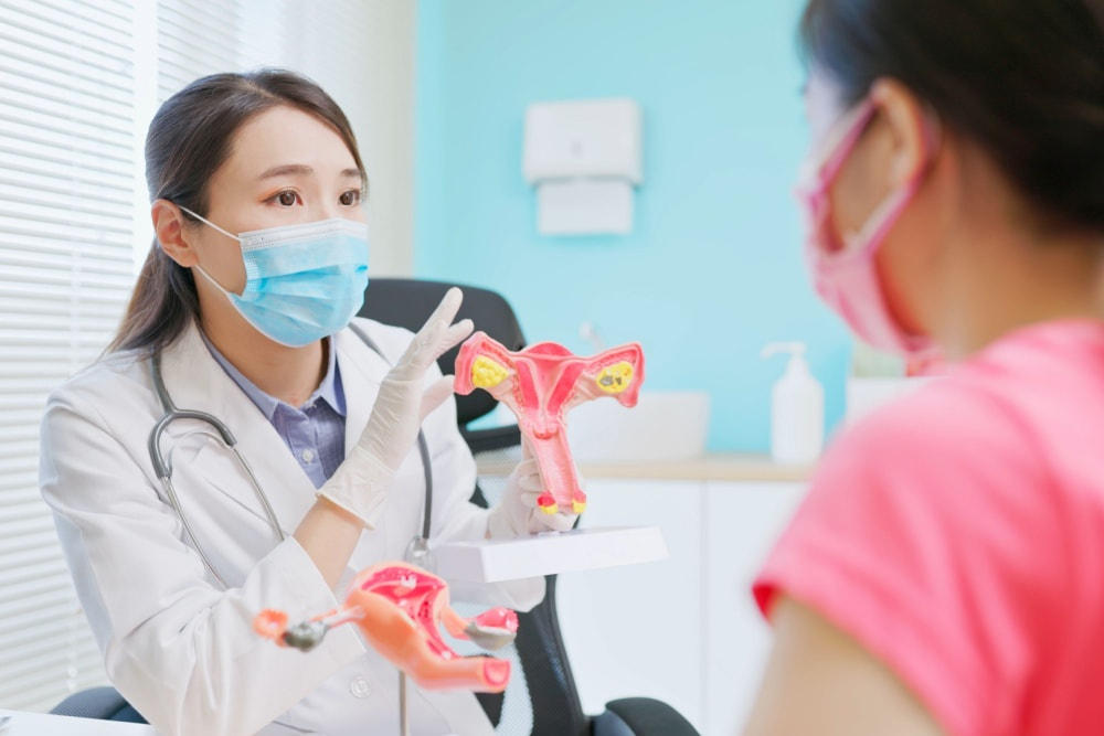 Mulher em consulta com médica. Nas mãos da médica, uma maquete do órgão reprodutor feminino.