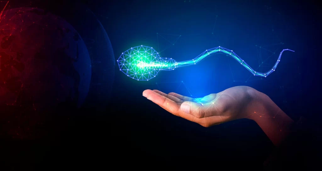 Mão estendida segurando ilustração de espermatozoide representando doação de sêmen.