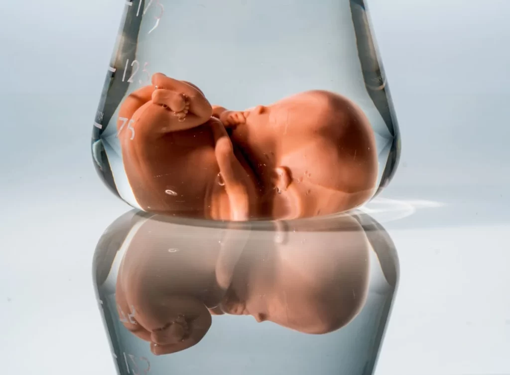 Ilustração de bebê em frasco de laboratório representando como é feita a implantação do embrião na FIV.