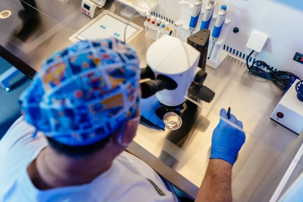 Médico utilizando microscópio representando procedimento de FIV simplificada.
