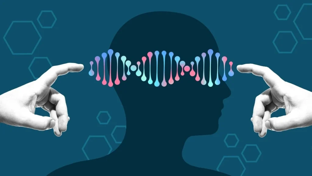 Cadeia de DNA conectando duas mãos ilustrando FIV com análise genética dos embriões.