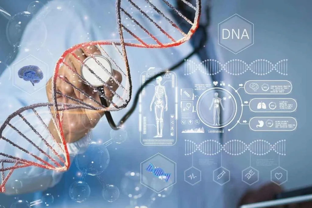 Ilustração com médico e cadeia de DNA representando o processo de aconselhamento genético.