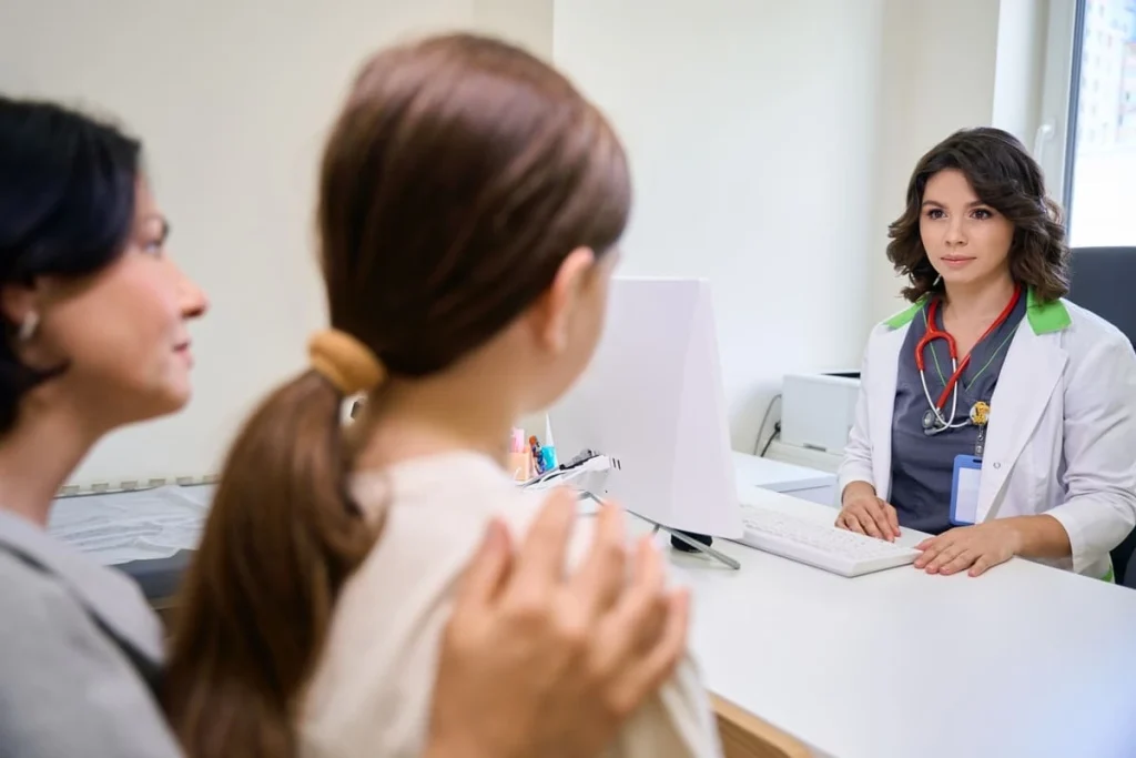 Mulher e filha em consulta médica representando acompanhamento na síndrome de Kallmann.