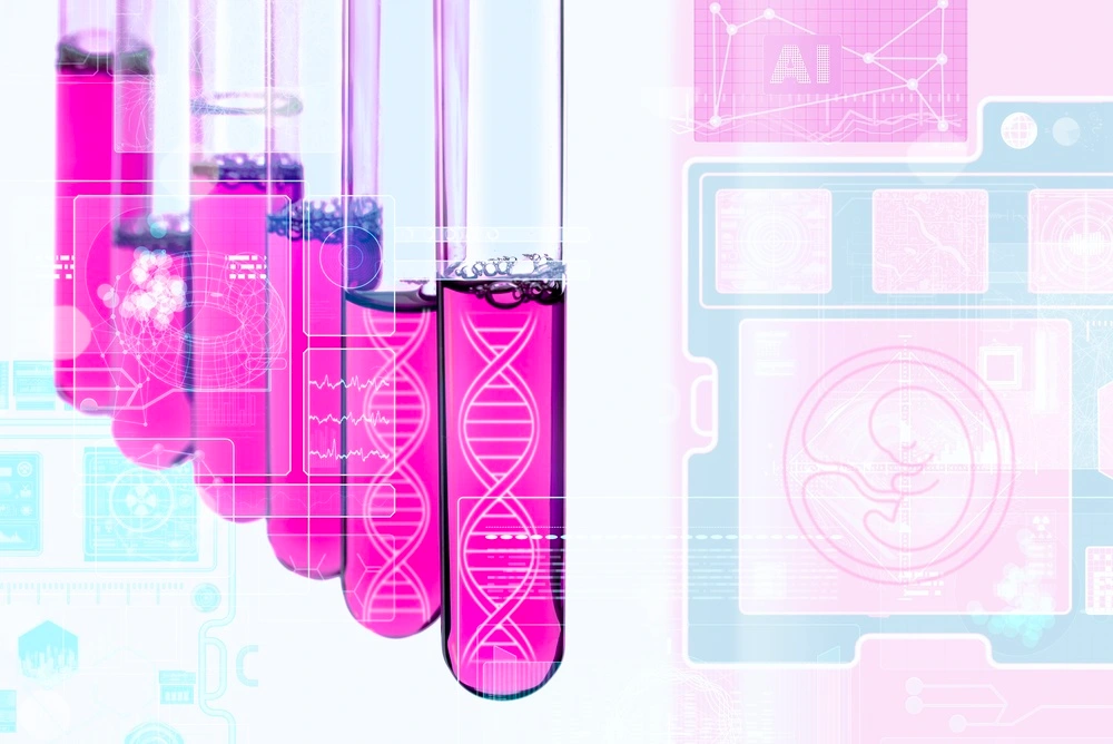 Inteligência artificial analisando o desenvolvimento de embriões em laboratório, FIV, medicina reprodutiva e conceito de pesquisa genética com interface digital e visualização de biotecnologia