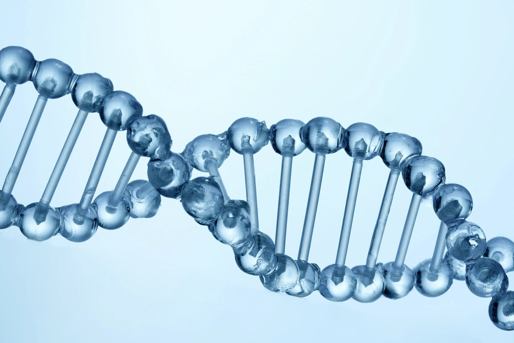 Close de uma hélice de DNA azul transparente